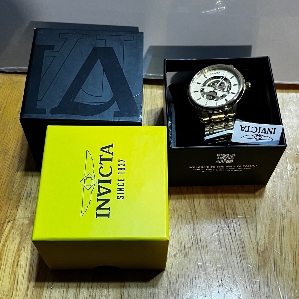 Invicta Mens Automatic Skeleton Dial Watch Gold Tone Stainless Steel New